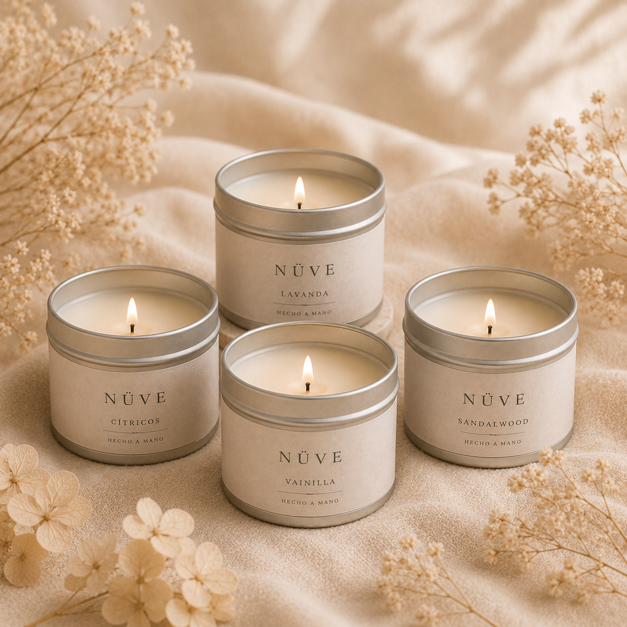 Colección de velas artesanales Nüve en aromas lavanda, cítricos, vainilla y sandalwood.