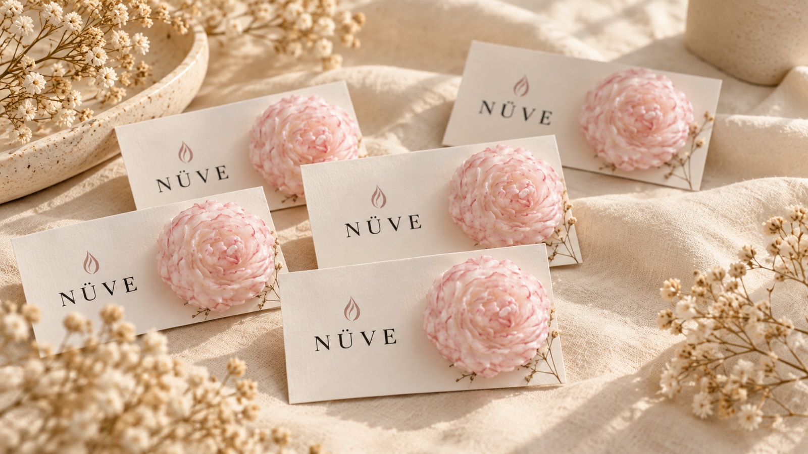 Recordatorios florales rosados sobre tarjetas NÜVE, con flores secas y lino natural