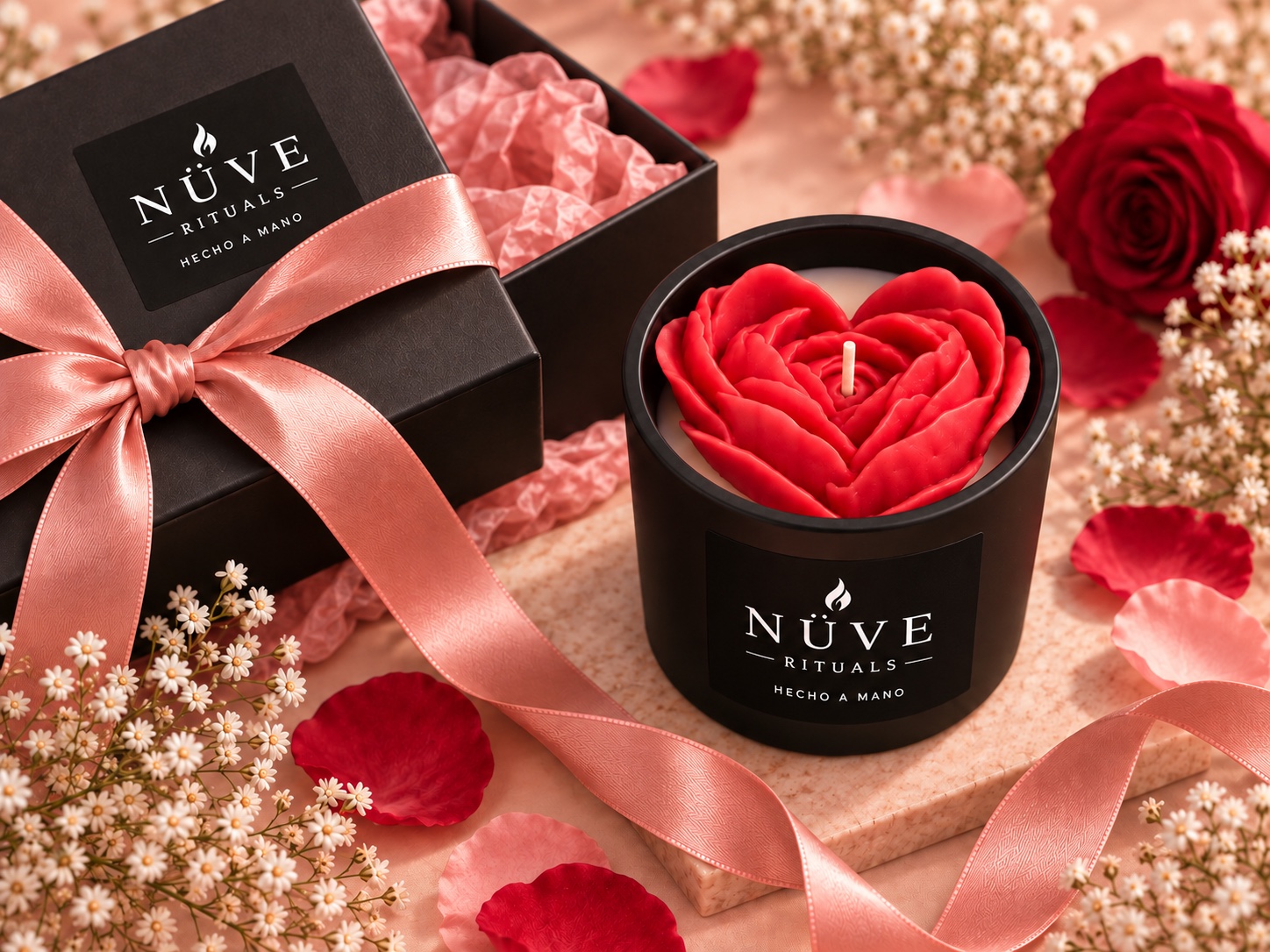 Corazón Pétalos Rojo NÜVE en frasco negro de 10 oz con etiqueta negra
