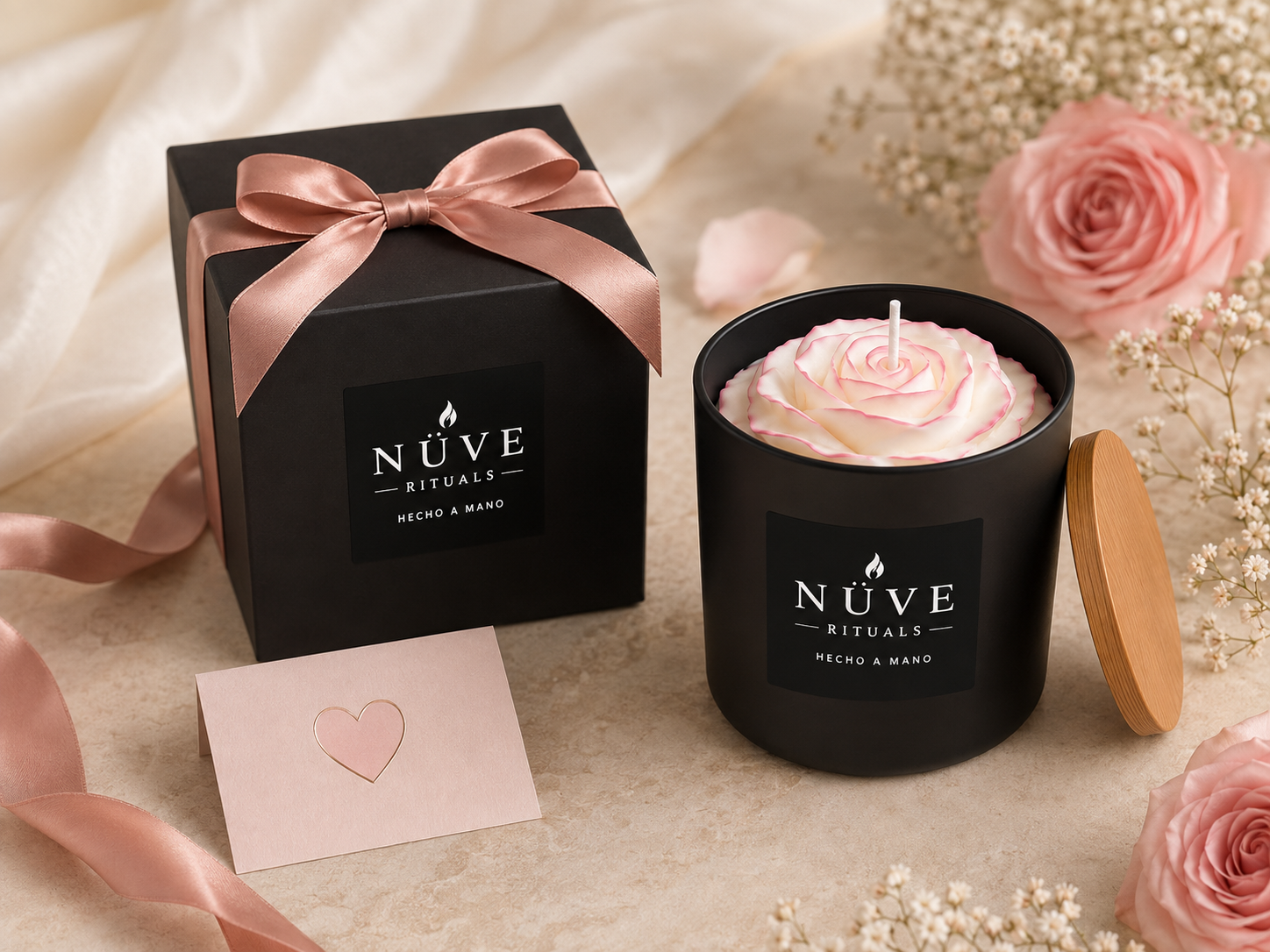 Vela Rosa Clásica Nüve en frasco negro de 10 oz