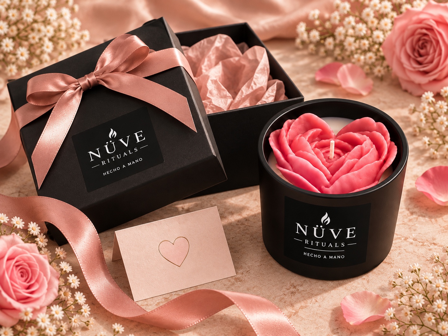 Corazón Pétalos Rosa NÜVE en frasco negro de 10 oz con etiqueta negra