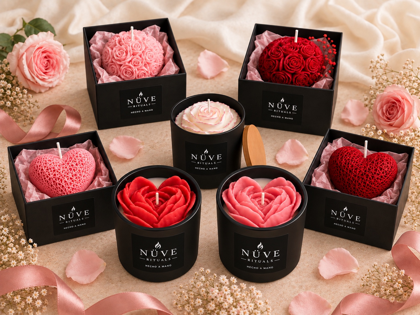 Colección Amor y Amistad NÜVE con siete productos, incluidos Corazón Pétalos Rojo y Corazón Pétalos Rosa