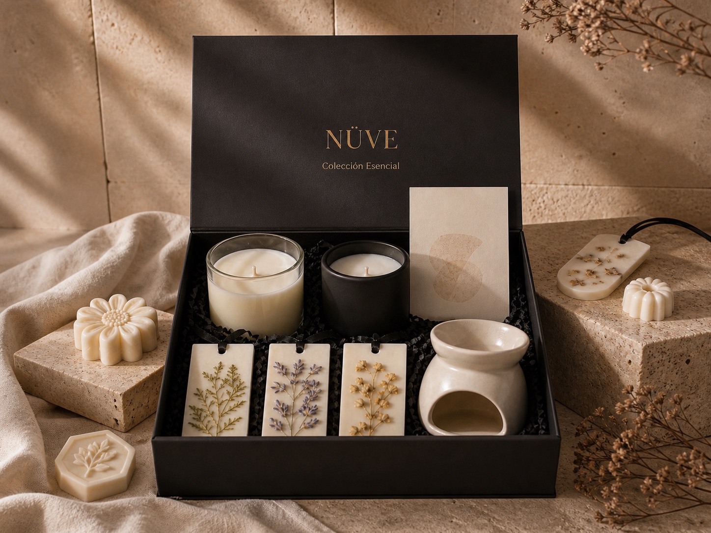 Set Presencia Nüve con vela grande y piezas botánicas, fotografía 1