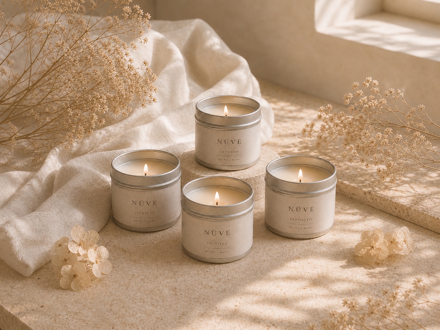 Velas Alba Nüve en latas color marfil, fotografía 1