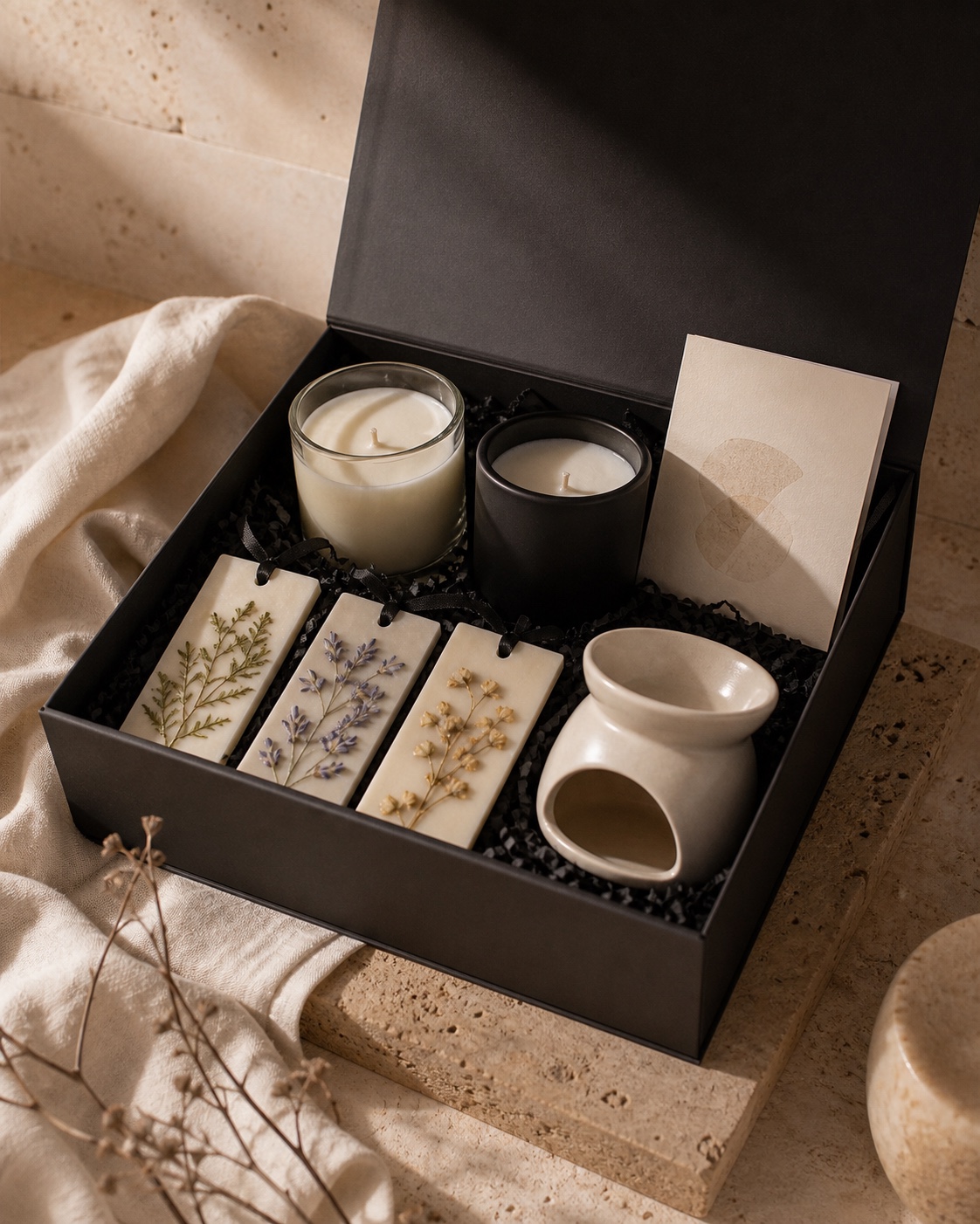 Set Presencia Nüve con vela grande y piezas botánicas