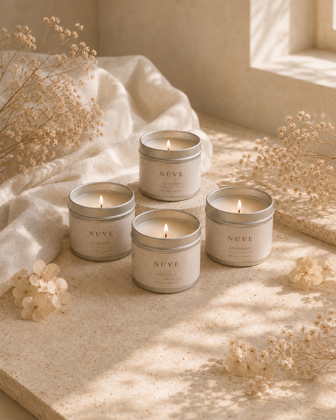 Velas Alba Nüve en latas color marfil