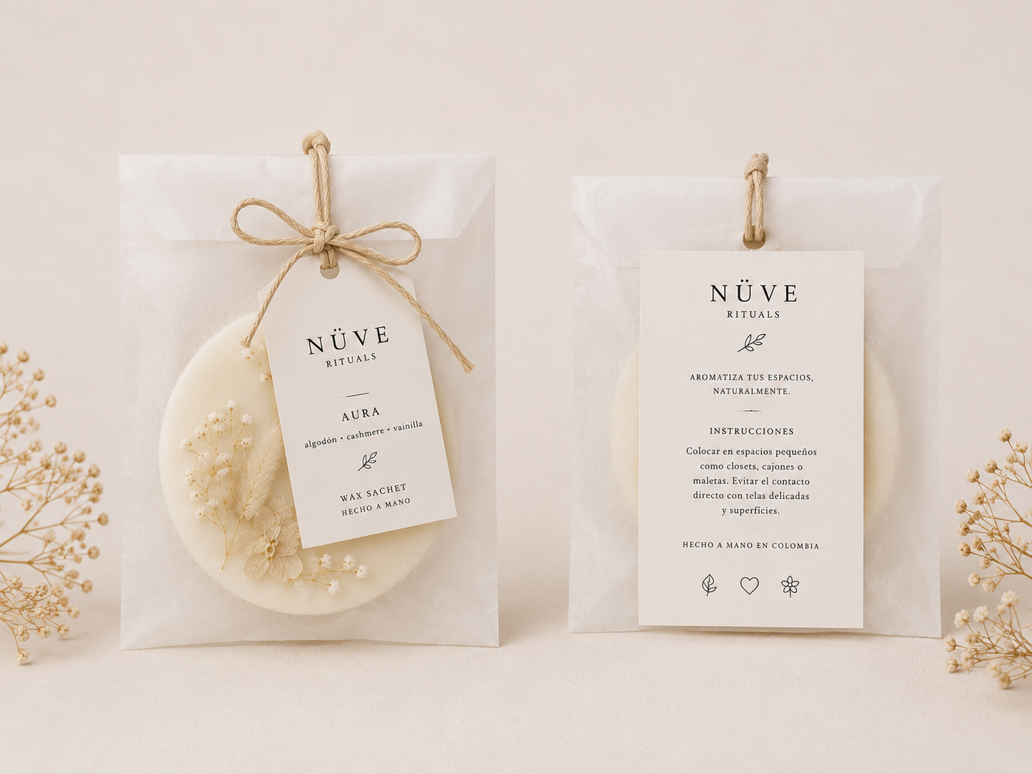Empaque individual de wax sachet con tarjeta frontal e instrucciones