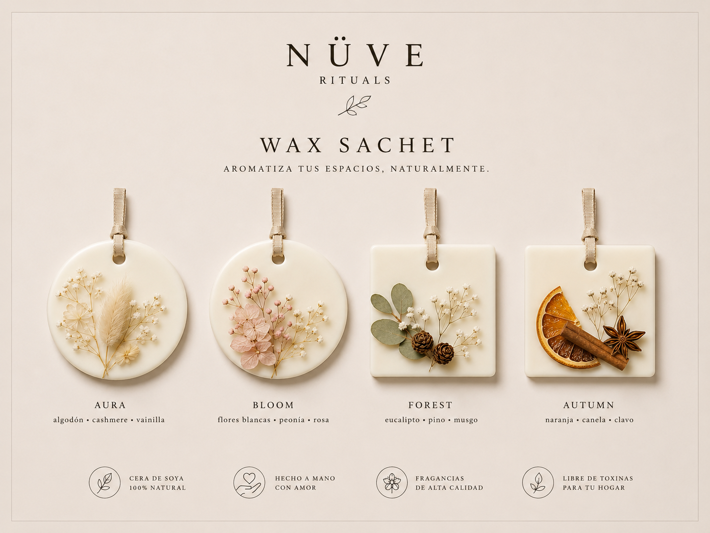 Wax sachets Nüve Rituals en formas redondas y cuadradas con detalles botánicos